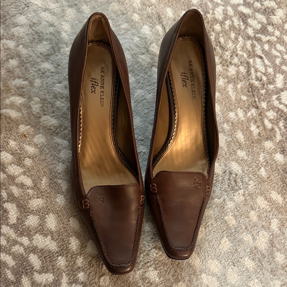 Anne Klein Brown Leather Loafers with Low Heel